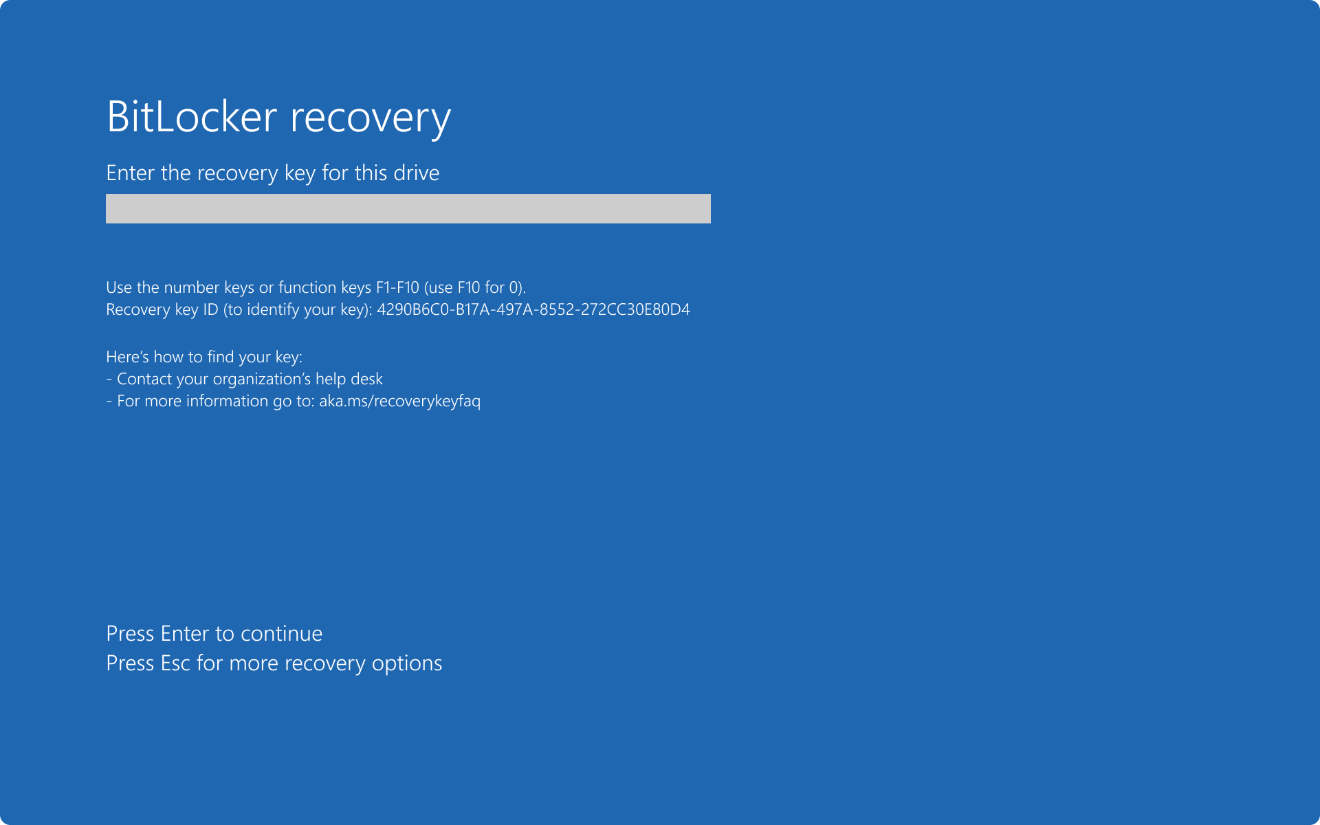 Screenshot of the default BitLocker recovery screen asking enter the recovery password.