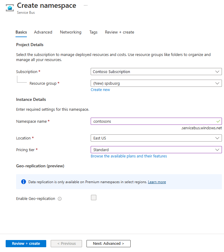 Schermopname van de pagina Een naamruimte maken