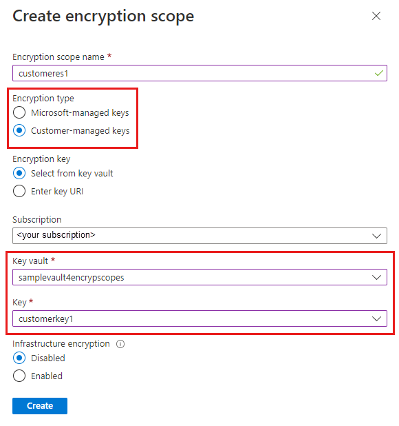 Schermopname die laat zien hoe u een versleutelingsbereik maakt in Azure Portal