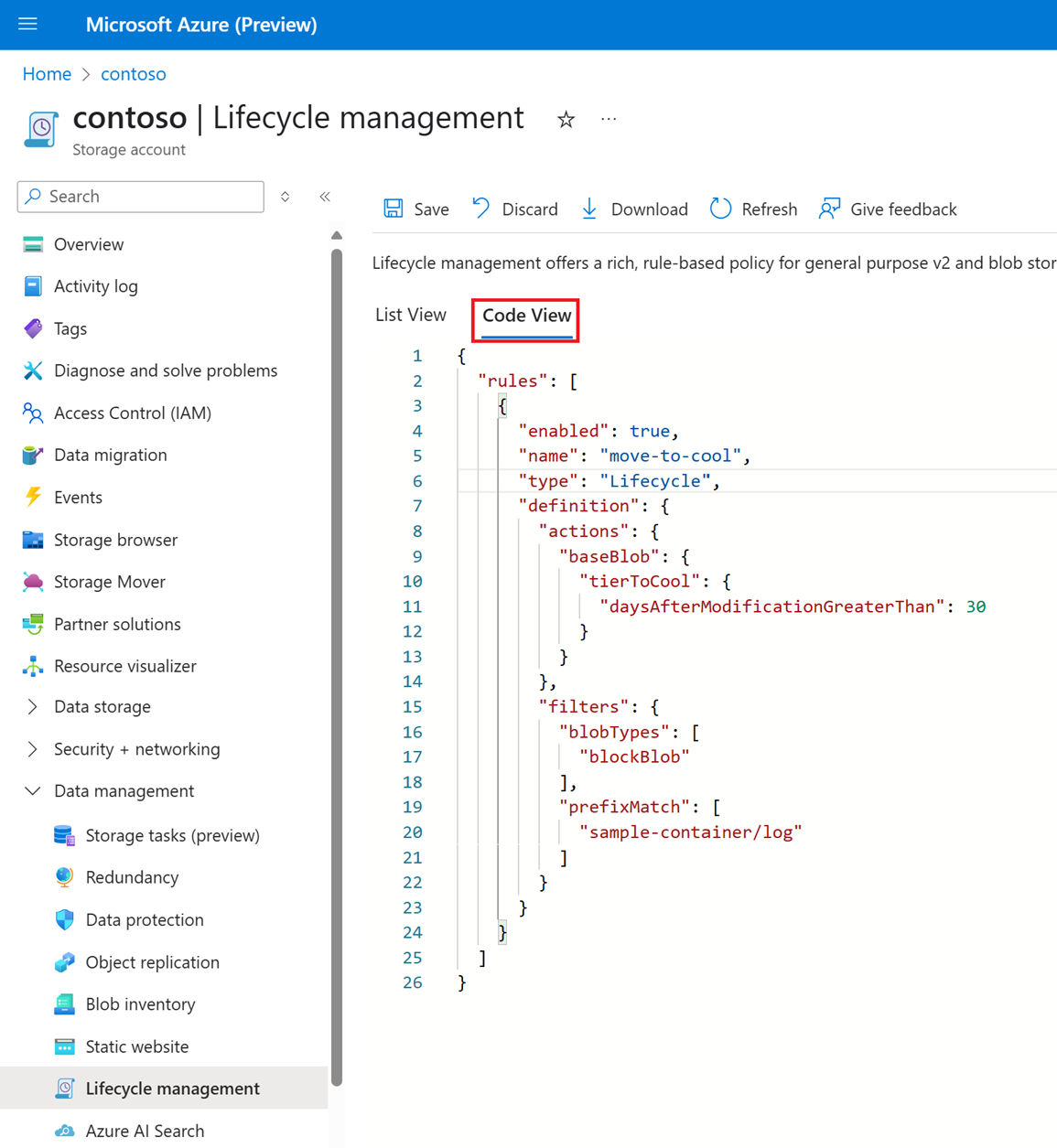 Schermopname van JSON op het tabblad Codeweergave.