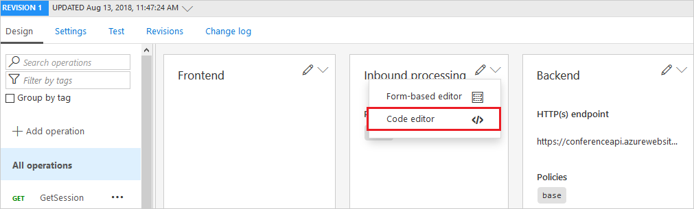 Een schermopname waarin de API-code-editor op het ontwerptabblad wordt gemarkeerd.