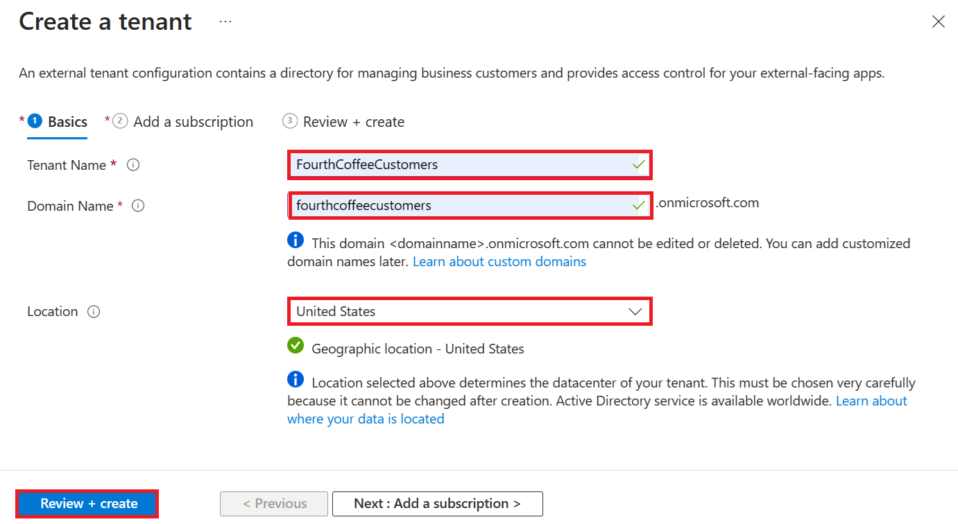 Maak een screenshot van de pagina 'Create a tenant'.