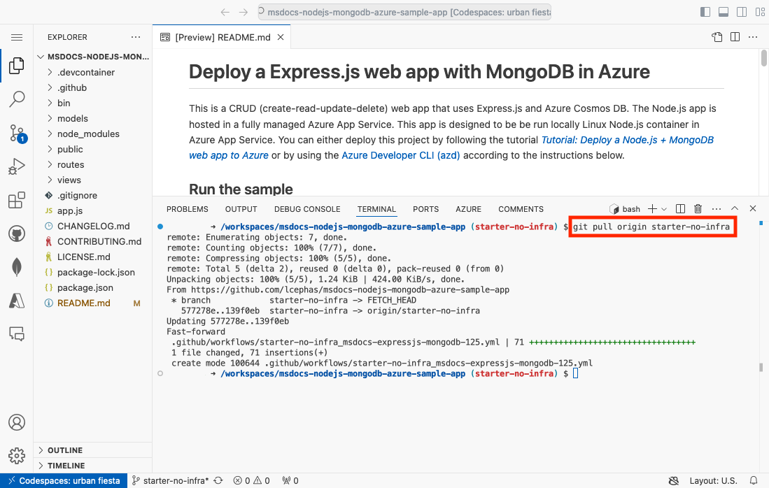 Een screenshot die git pull binnen een GitHub codespace toont.