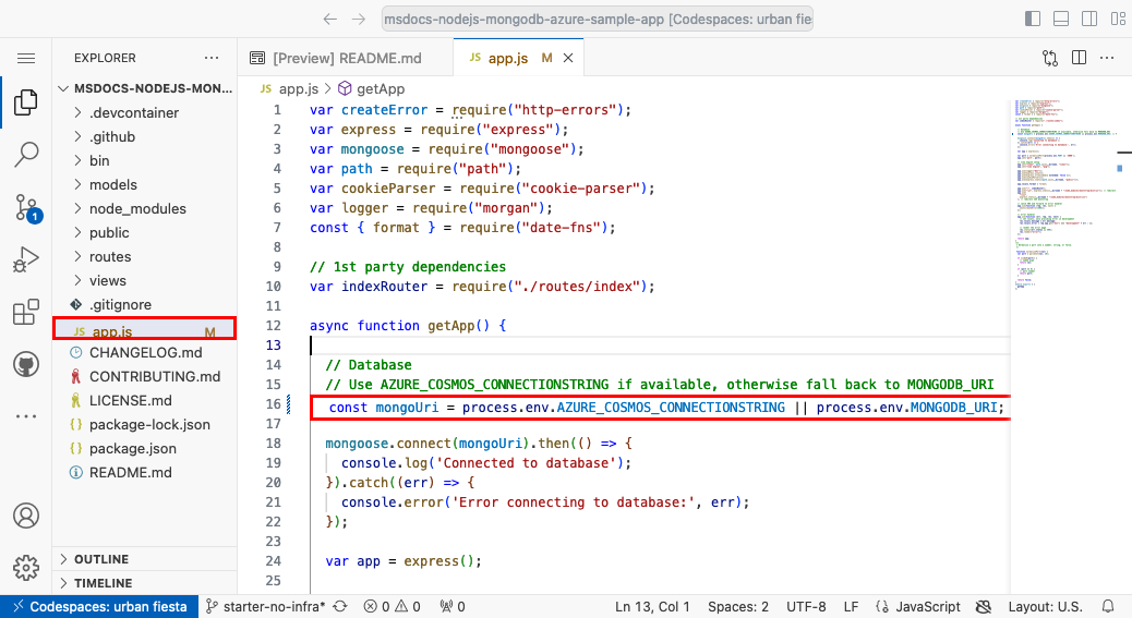 Een screenshot die een GitHub codespace en app.js geopend toont.