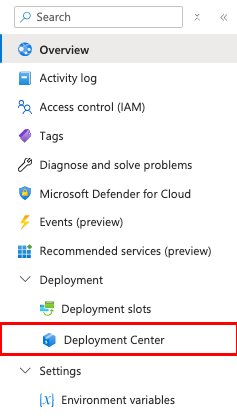 Een schermopname die laat zien hoe u het implementatiecentrum opent in App Service.