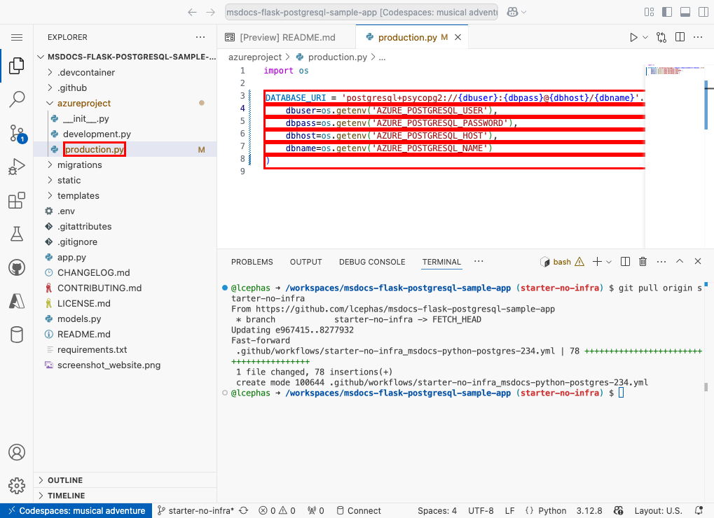 Een schermopname van een GitHub-coderuimte en azureproject/production.py geopend.