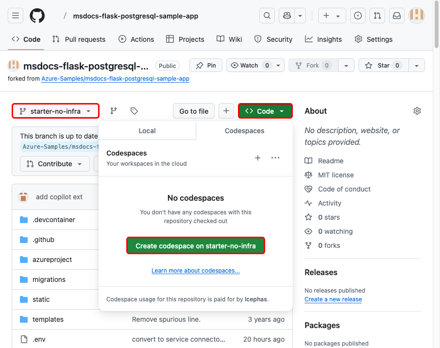 Een schermopname die laat zien hoe u een coderuimte maakt in GitHub.