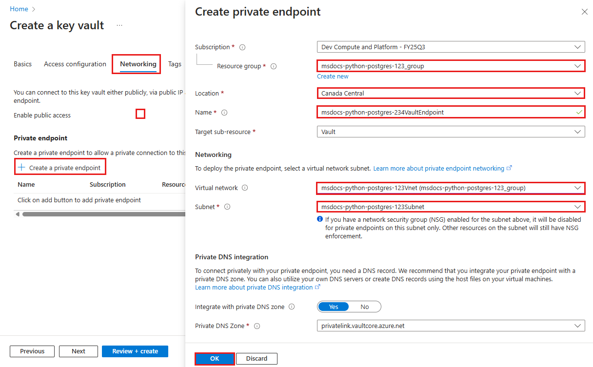 Een schermopname van het beveiligen van een sleutelkluis met een privé-eindpunt.
