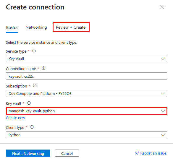 Een schermopname die laat zien hoe u een key vault-serviceconnector configureert.