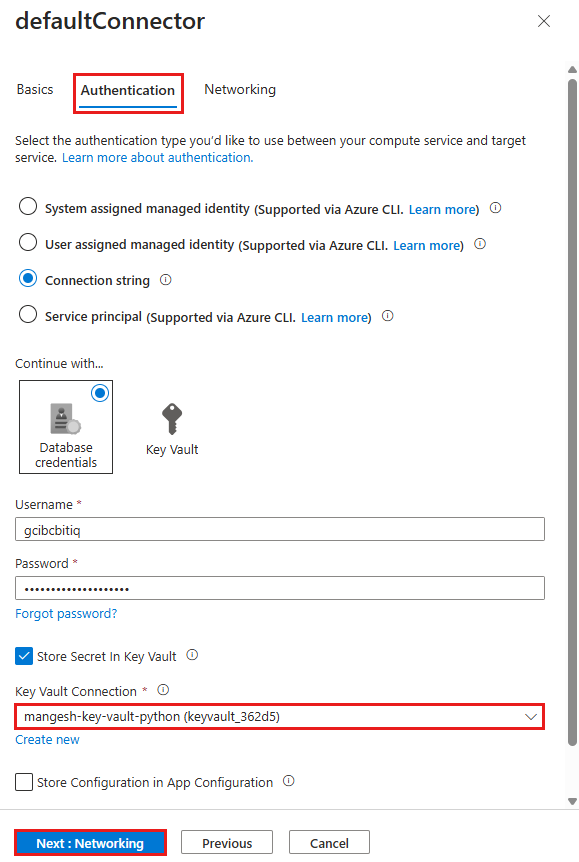 Een schermopname van de sleutelkluisverbinding die is geselecteerd in de defaultConnector.