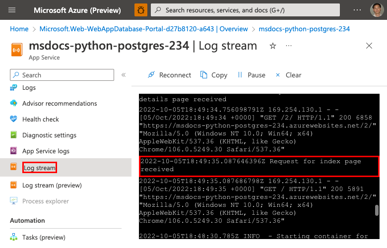 Een schermopname die laat zien hoe u de logboekstream kunt weergeven in Azure Portal.