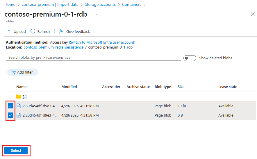 Schermopname van het selecteren van blobs in de container. 