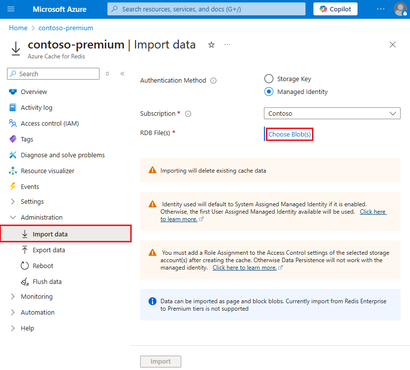 Schermopname van de pagina Gegevens importeren met Blob(s) kiezen geselecteerd.