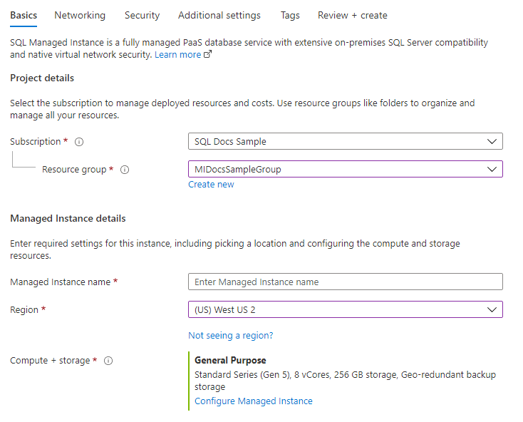 Azure portal schermopname van het aanmaken van de basistab voor SQL Managed Instance