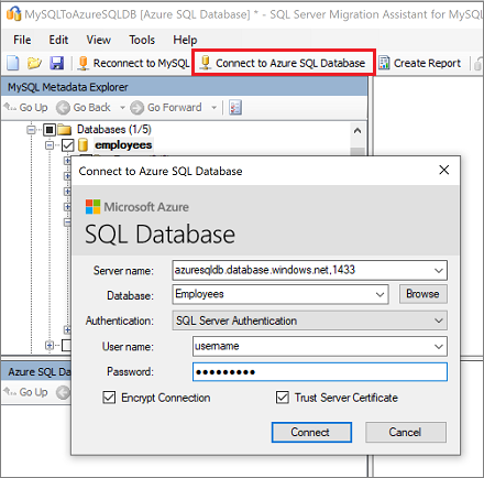 schermopname van het deelvenster Verbinding maken met Azure SQL Database in SSMA for MySQL.