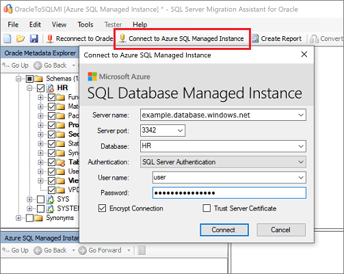 Schermopname van Verbinding maken met Azure SQL Managed Instance.