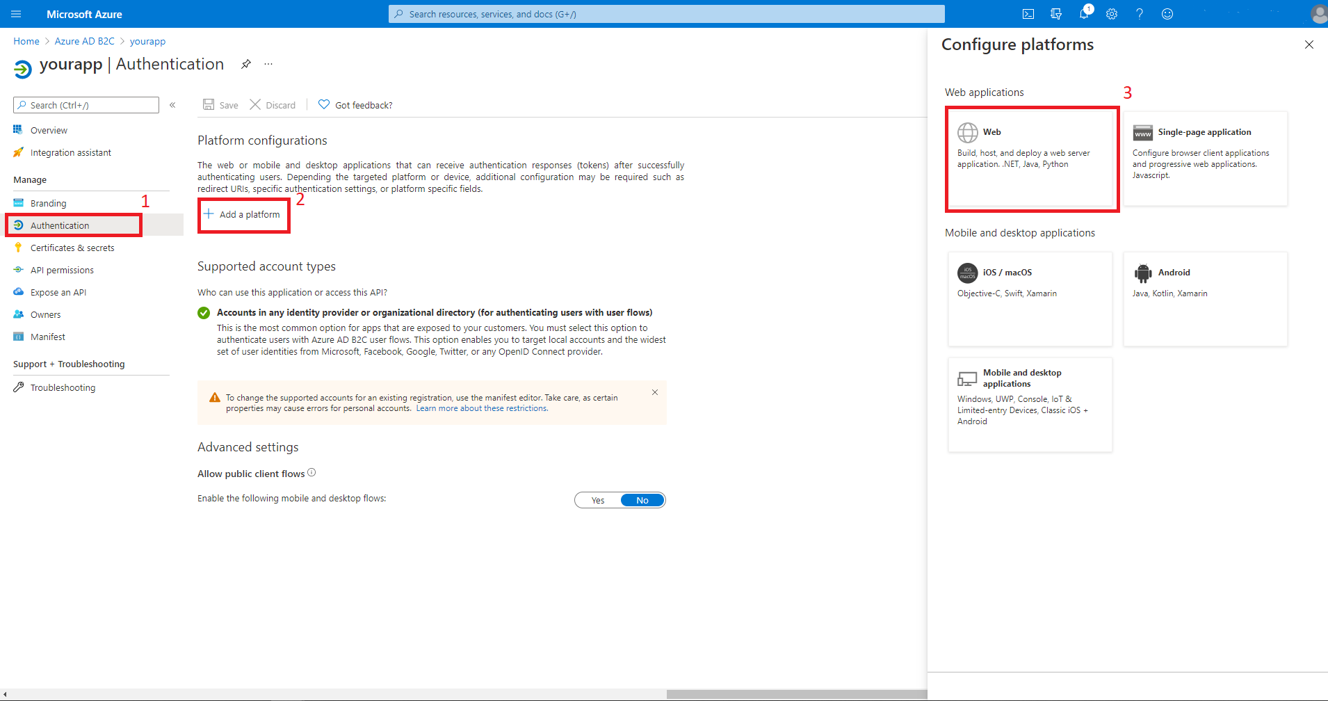 Opties geselecteerd voor verificatie, een platform, web toevoegen.