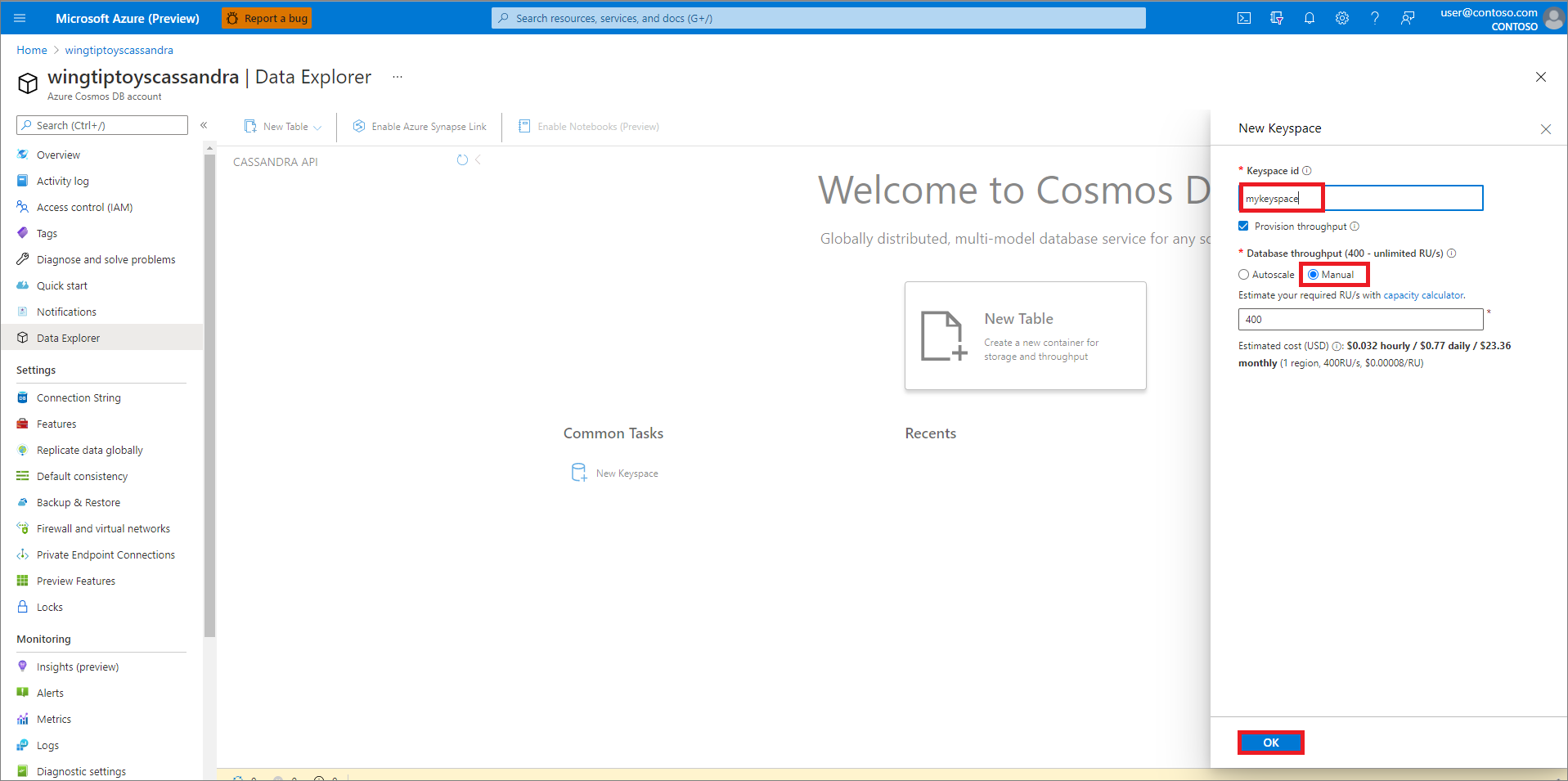 Een Azure Cosmos DB-keyspace maken.