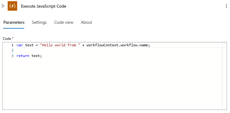 Schermopname van de actie JavaScript-code uitvoeren met standaardvoorbeeldcode.