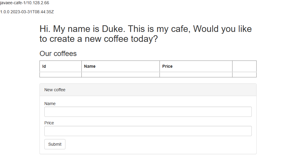 Schermopname van de gebruikersinterface van de Java EE Cafe-voorbeeld-app.