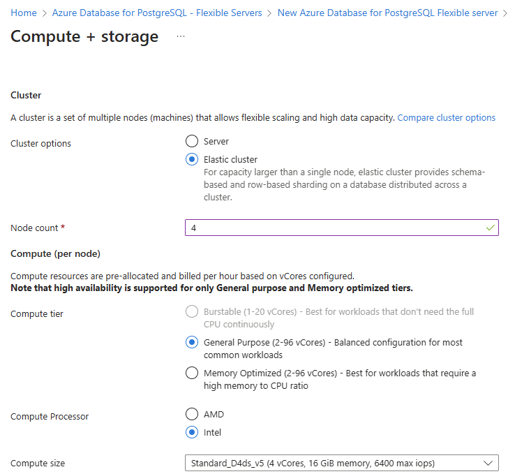 Schermopname van compute en opslagconfiguratie met elastische clusters. Elastisch cluster is geselecteerd. Invoervak voor het aantal knooppunten heeft een waarde van 4. Opties voor de rekenlaag en grootte zijn zichtbaar.