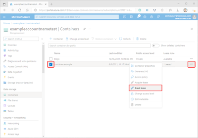 Schermopname die laat zien hoe u een containerlease in Azure Portal onderbreekt.