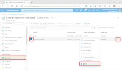 Schermopname die laat zien hoe u een container verwijdert in Azure Portal.