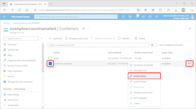 Schermopname van het openen van instellingen voor opgeslagen toegangsbeleid voor containers in Azure Portal.