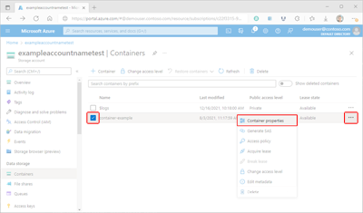 Schermopname van het weergeven van containereigenschappen in Azure Portal.