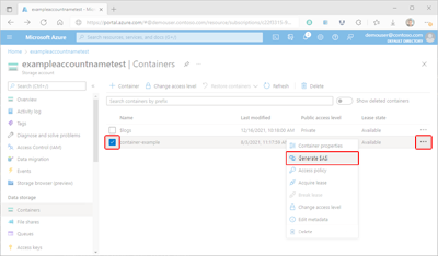 Schermopname die laat zien hoe u de shared access signature-instellingen voor containers opent in Azure Portal.