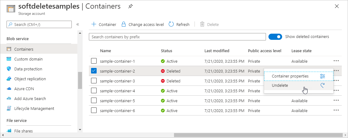 Schermopname die laat zien hoe u een voorlopig verwijderde container herstelt in Azure Portal.