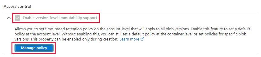 Schermopname die laat zien hoe u het standaardbeleid voor onveranderbaarheid op versieniveau voor een opslagaccount beheert