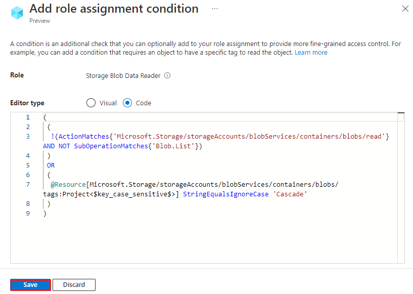 Schermopname van de voorwaarde die wordt weergegeven in de code-editor.