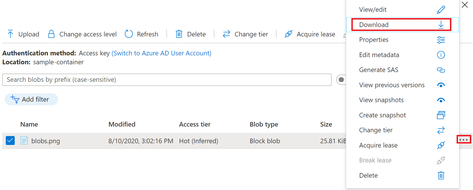 Schermopname die laat zien hoe u een blob downloadt in Azure Portal