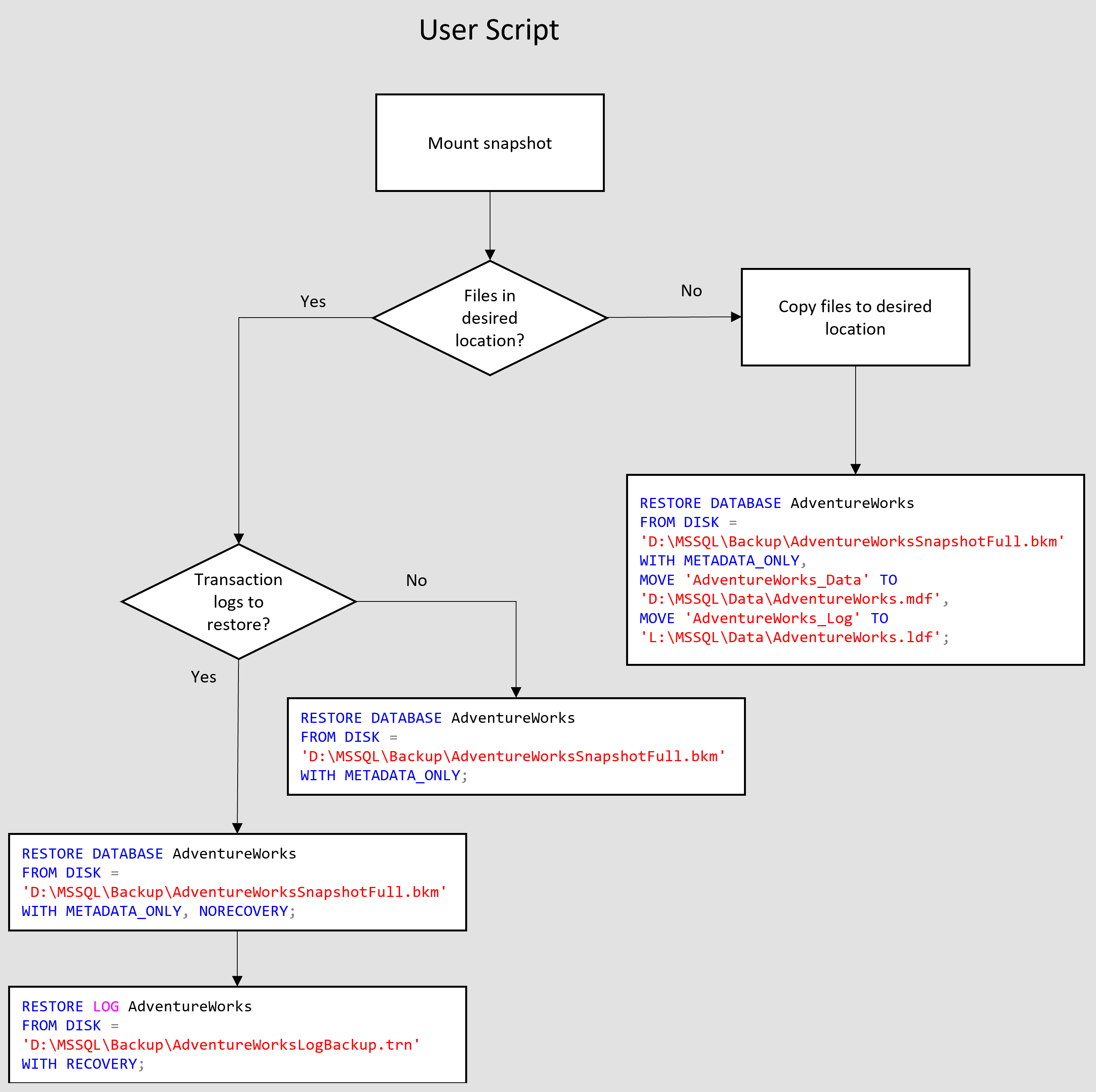 Diagram laat zien hoe het herstelscript kan werken met SQL Server om de hersteltaak te voltooien vanuit een back-up van een momentopname.
