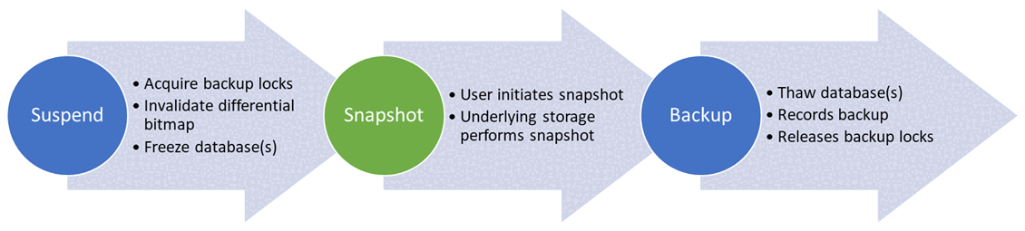 diagram waarin het proces wordt weergegeven van onderbreken, tot momentopnamen, tot back-up.