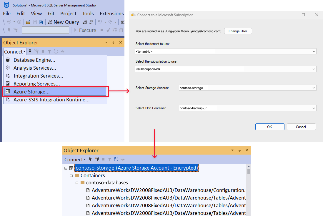 Schermopname van het proces met meerdere stappen om verbinding te maken met een Azure Storage-account.