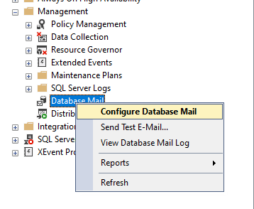 Schermopname van het logboekitem Database Mail configureren in het menu Database Mail.