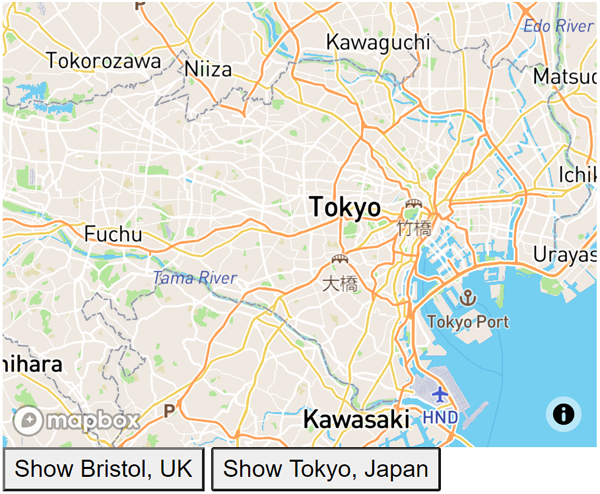 Mapbox gatukarta över Tokyo, Japan med knappar för att välja Bristol, Storbritannien och Tokyo, Japan