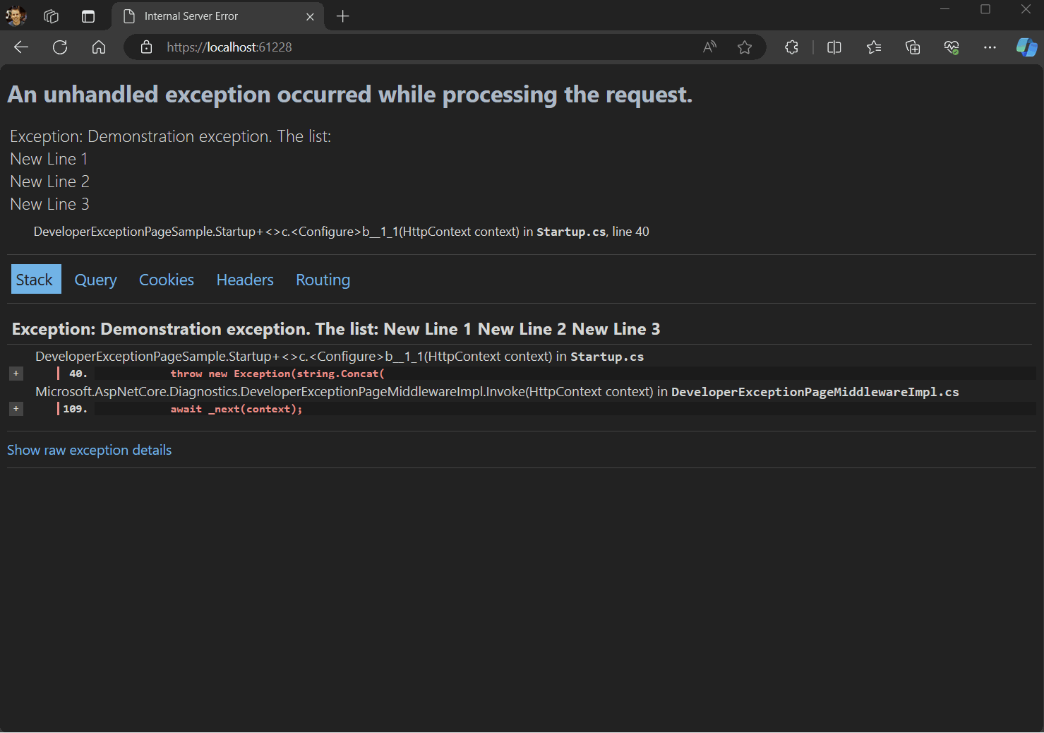 Undantagssida för utvecklare animerad för att visa varje flik markerad.