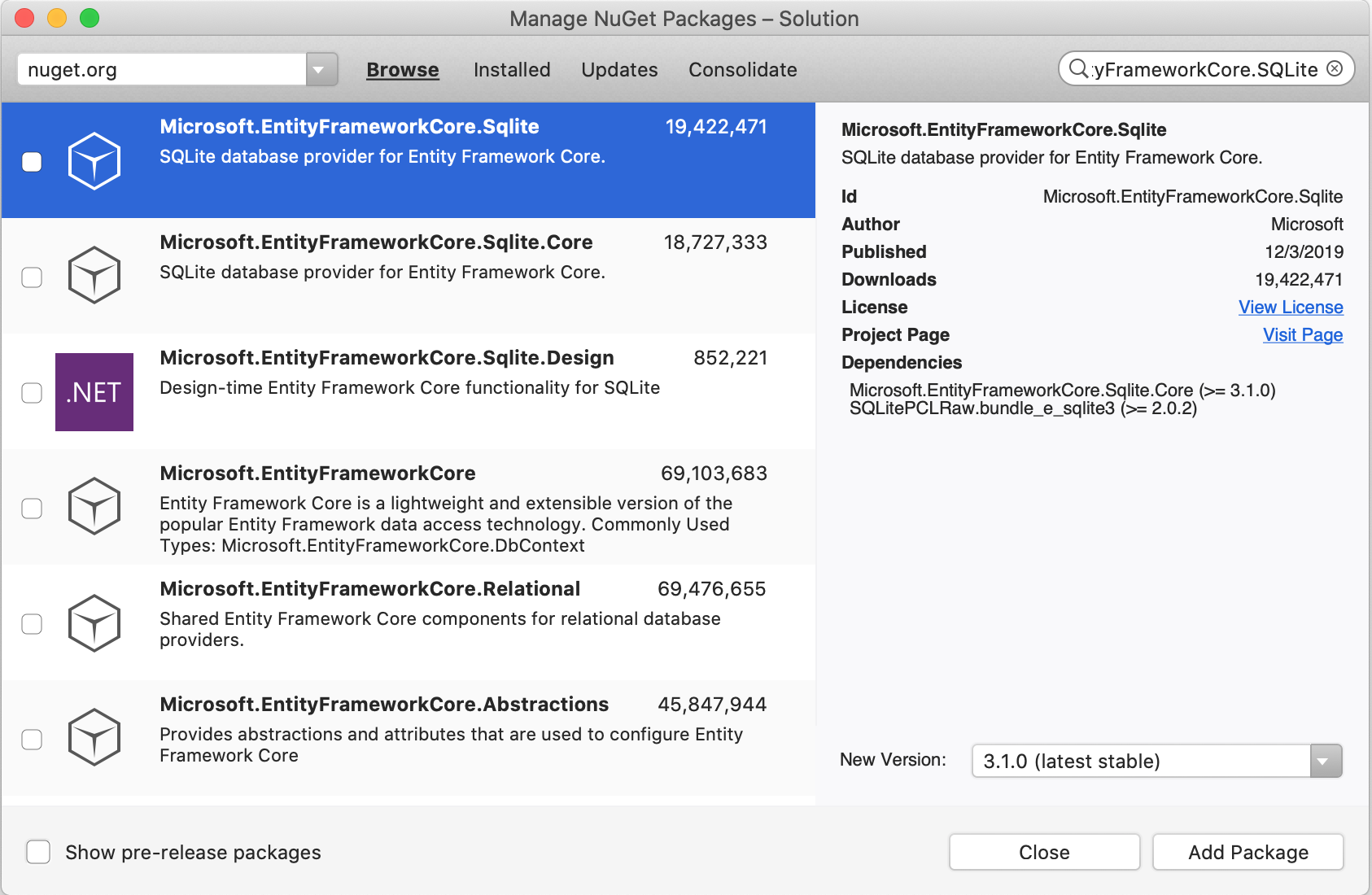 Lägg till Entity Framework Core NuGet-paket