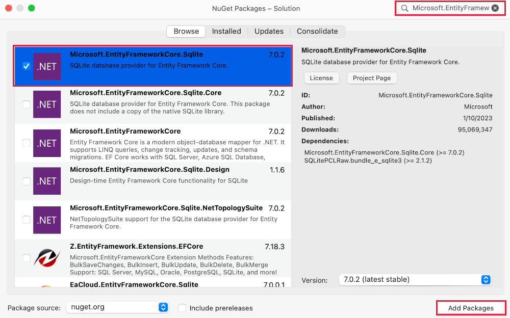 Lägg till Entity Framework Core NuGet-paket