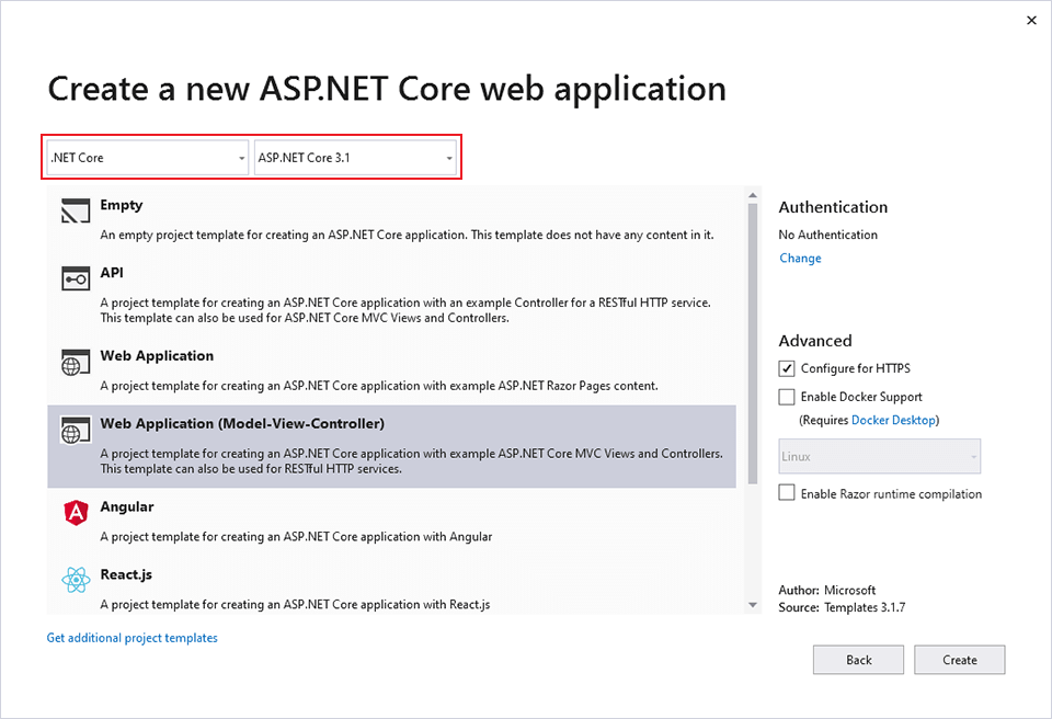 Dialogrutan Nytt projekt, .NET Core i det vänstra fönstret, ASP.NET Core-webb