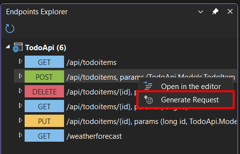 Snabbmenyn Endpoints Explorer med markerat menyalternativ 