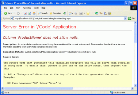 Om du utelämnar produktens namn visas undantagsinformation