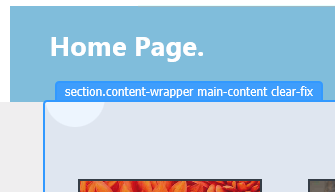Selecting an element Screenshot of the upper left of the Page Inspector window showing the mouse pointer selecting the half circle below the blue featured bar.