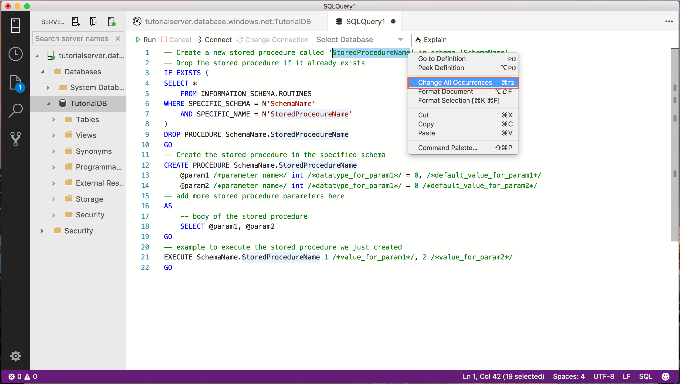 Skärmbild som visar Query Editor med alternativet Ändra alla förekomster framhävt.