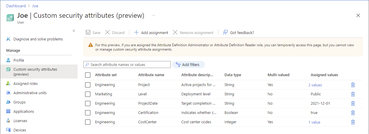 Skärmbild av exempel på anpassade säkerhetsattribut som tilldelats en användare.