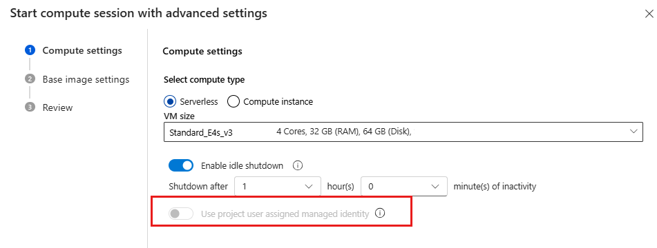 Skärmbild som visar växlingsknappen för att använda en användartilldelad hanterad identitet för arbetsytan.