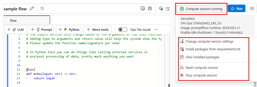 Skärmbild av åtgärder för en beräkningssession på en flödessida.
